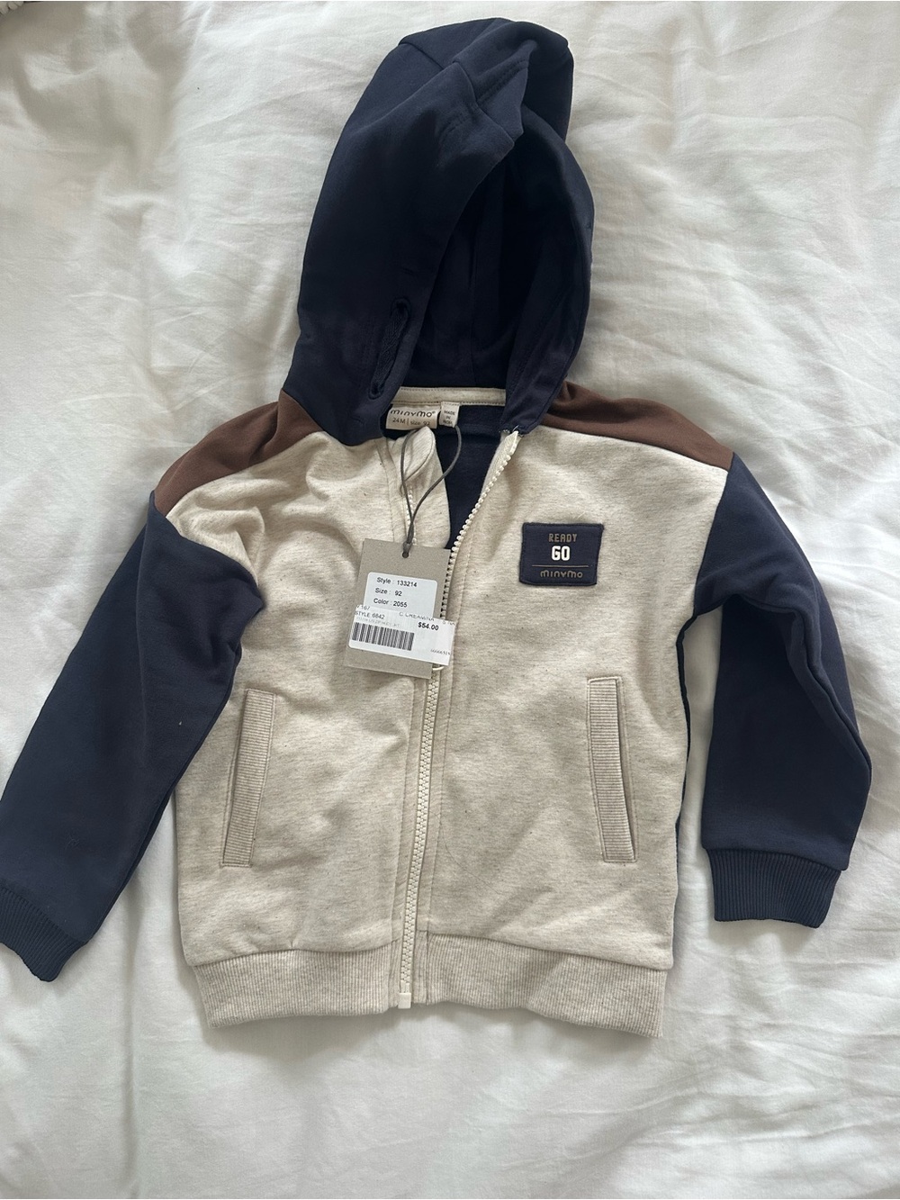 Unbranded Kids Beige Zip Hoodie with Navy Hood & Brown Shoulder Panels